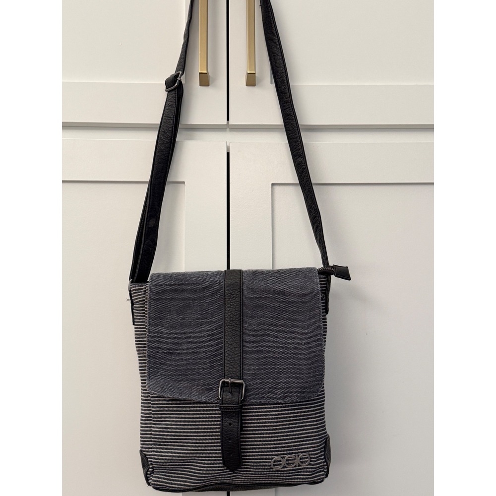 OGIO Crossbody Messenger Bag Blue White Striped Canvas Faux Leather Buckle Flap